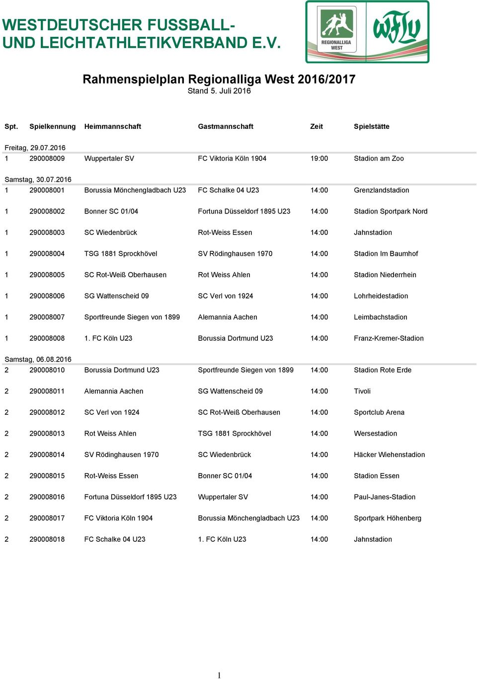 2016 1 290008001 Borussia Mönchengladbach U23 FC Schalke 04 U23 14:00 Grenzlandstadion 1 290008002 Bonner SC 01/04 Fortuna Düsseldorf 1895 U23 14:00 Stadion Sportpark Nord 1 290008003 SC Wiedenbrück