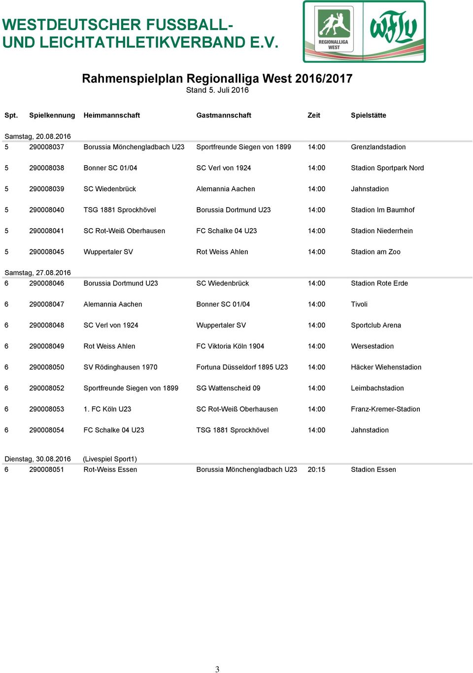 Alemannia Aachen 14:00 Jahnstadion 5 290008040 TSG 1881 Sprockhövel Borussia Dortmund U23 14:00 Stadion Im Baumhof 5 290008041 SC Rot-Weiß Oberhausen FC Schalke 04 U23 14:00 Stadion Niederrhein 5