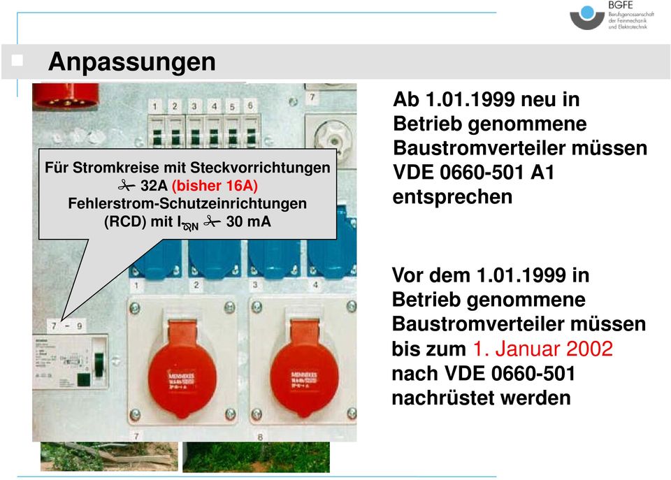 1999 neu in Betrieb genommene Baustromverteiler müssen VDE 0660-501 A1 entsprechen