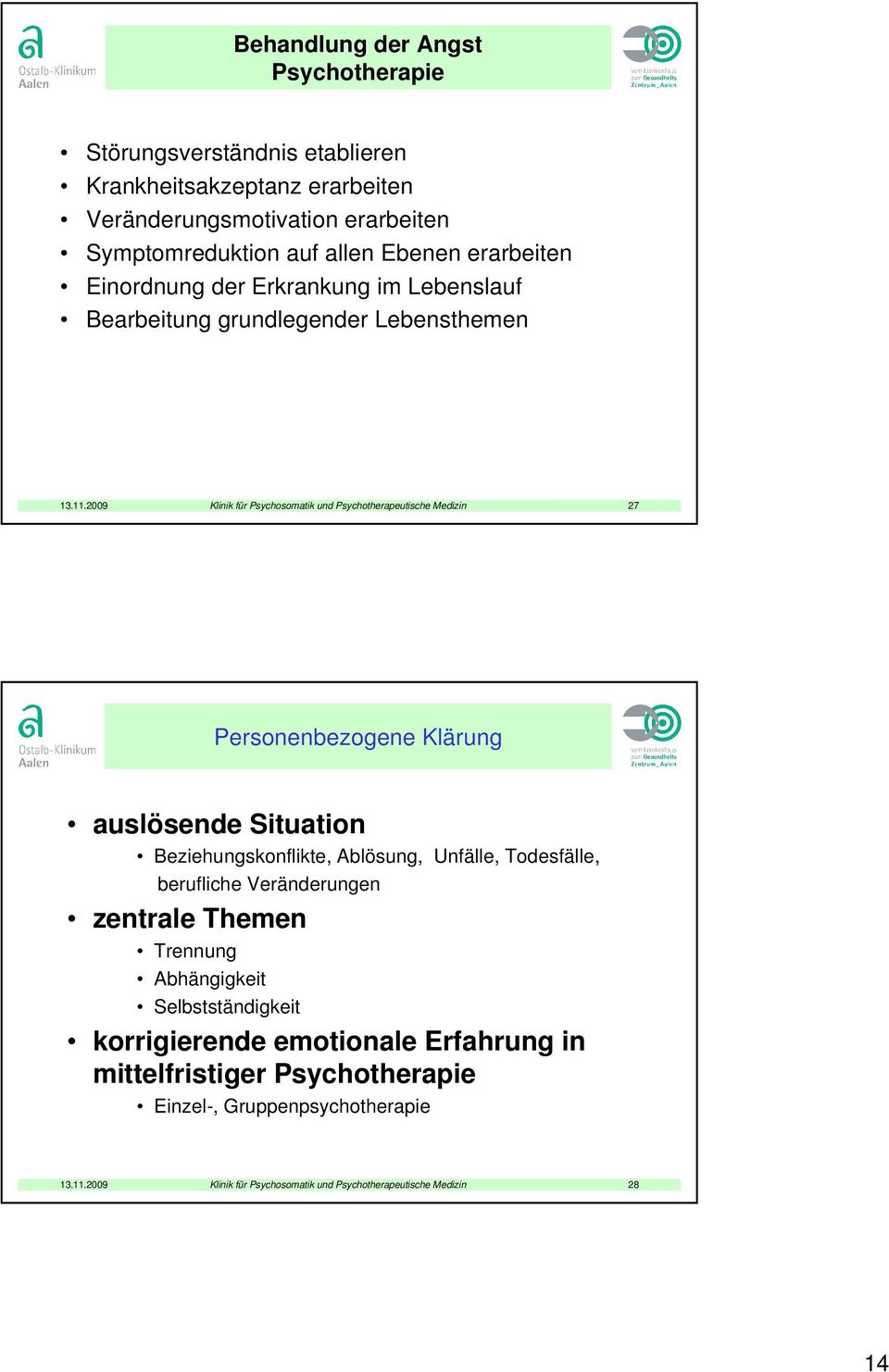 2009 Klinik für Psychosomatik und Psychotherapeutische Medizin 27 Personenbezogene Klärung auslösende Situation Beziehungskonflikte, Ablösung, Unfälle, Todesfälle,