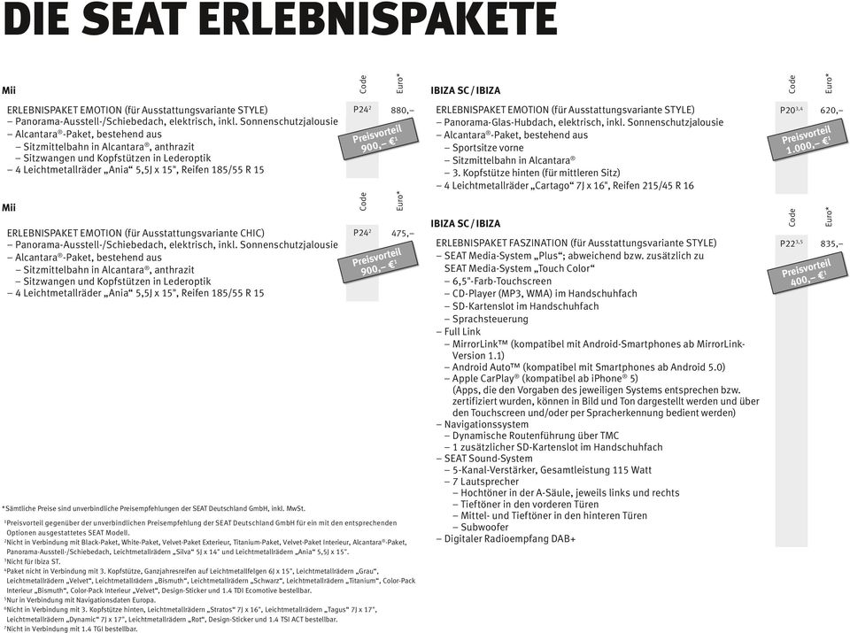 * Sämtliche Preise sind unverbindliche Preisempfehlungen der SEAT Deutschland GmbH, inkl. MwSt.