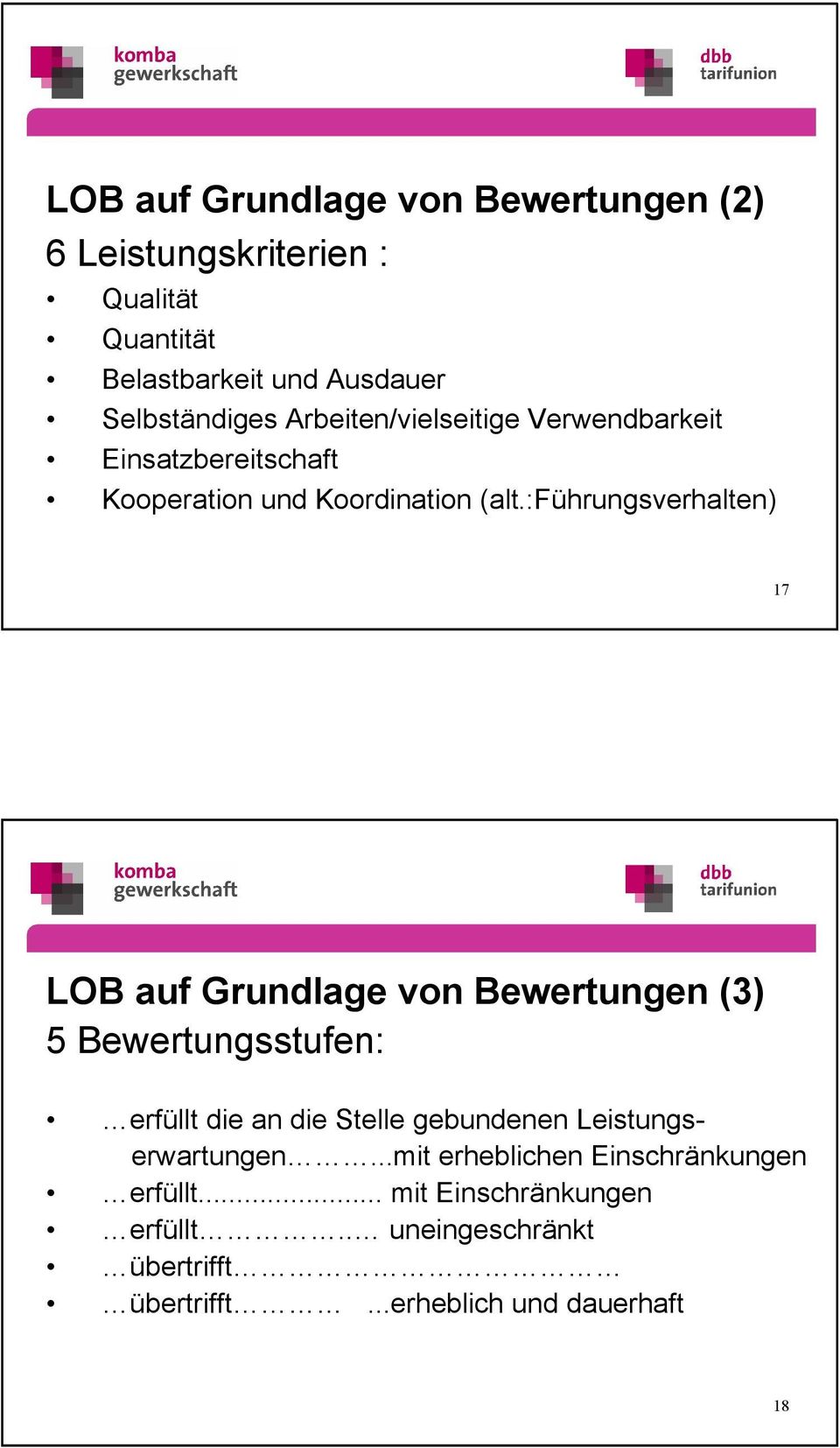 :führungsverhalten) 17 LOB auf Grundlage von Bewertungen (3) 5 Bewertungsstufen: erfüllt die an die Stelle gebundenen