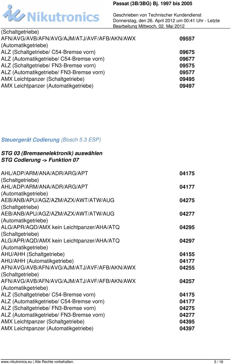 3 ESP) STG 03 (Bremsenelektronik) auswählen AHL/ADP/ARM/ANA/ADR/ARG/APT 04175 (Schaltgetriebe) AHL/ADP/ARM/ANA/ADR/ARG/APT 04177 (Automatikgetriebe) AEB/ANB/APU/AGZ/AZM/AZX/AWT/ATW/AUG 04275