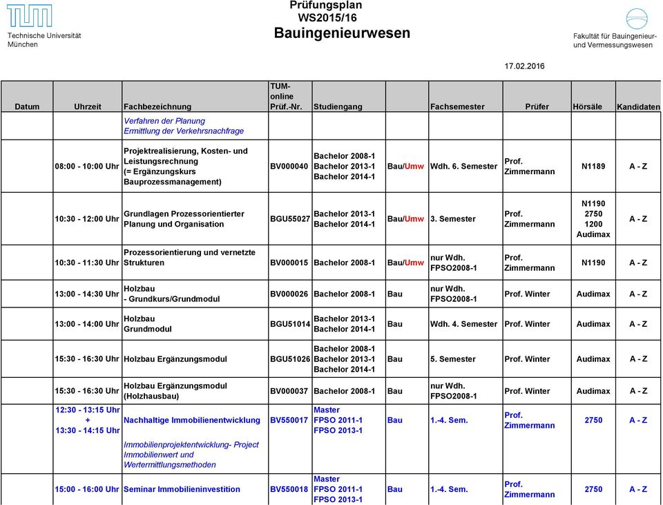 Semester Zimmermann 2750 10:30-11:30 Uhr Prozessorientierung und vernetzte Strukturen BV000015 /Umw Zimmermann 13:00-14:30 Uhr Holzbau - Grundkurs/Grundmodul BV000026 Winter 13:00-14:00 Uhr Holzbau