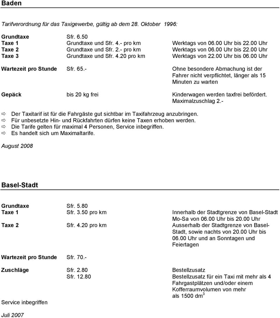 - Ohne besondere Abmachung ist der Fahrer nicht verpflichtet, länger als 15 Minuten zu warten Gepäck bis 20 kg frei Kinderwagen werden taxfrei befördert. Maximalzuschlag 2.