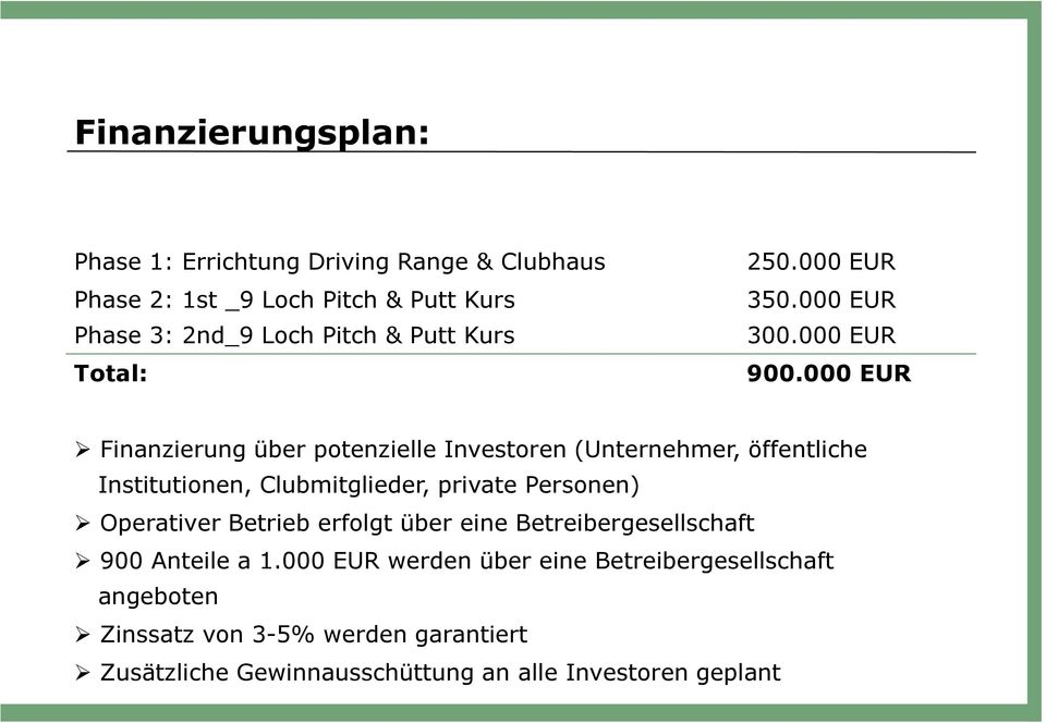 000 EUR Finanzierung über potenzielle Investoren (Unternehmer, öffentliche Institutionen, Clubmitglieder, private Personen) Operativer