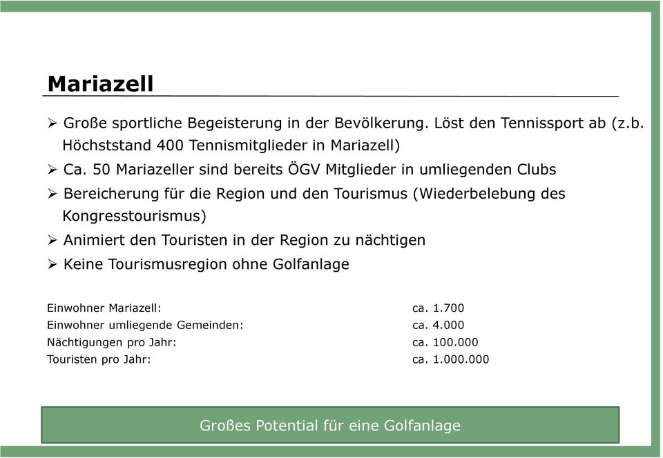 Kongresstourismus) Animiert den Touristen in der Region zu nächtigen Keine Tourismusregion ohne Golfanlage Einwohner Mariazell: ca. 1.