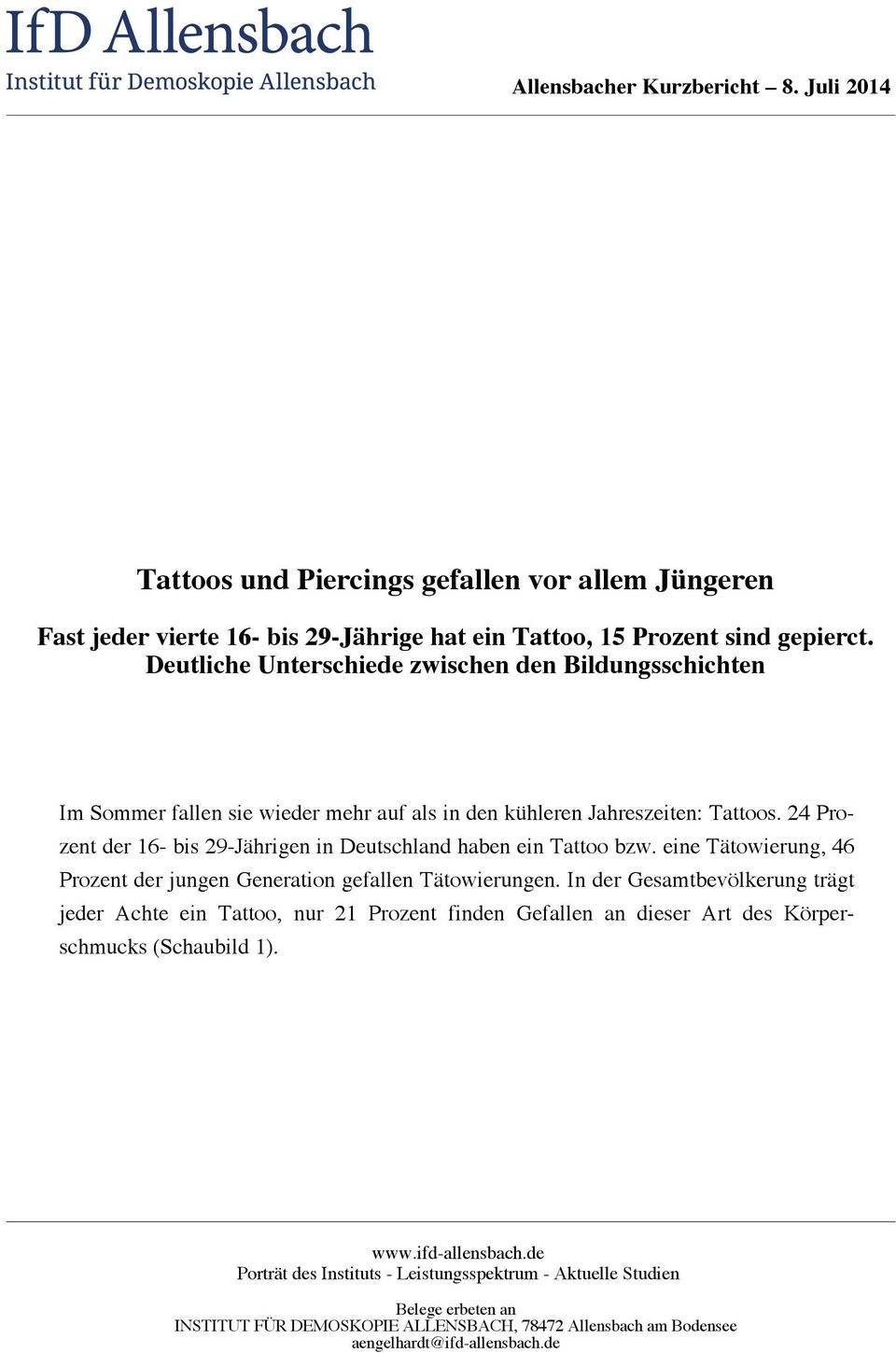 24 Prozent der 16- bis 29-Jährigen in Deutschland haben ein Tattoo bzw. eine Tätowierung, 46 Prozent der jungen Generation gefallen Tätowierungen.