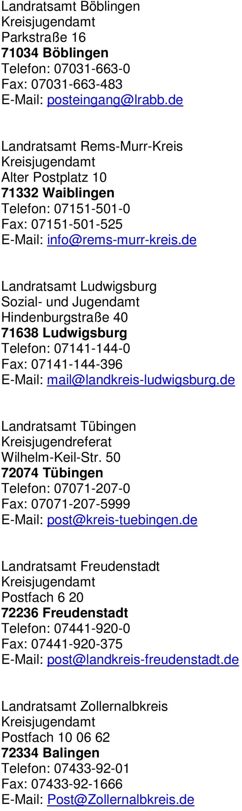 de Landratsamt Ludwigsburg Sozial- und Hindenburgstraße 40 71638 Ludwigsburg Telefon: 07141-144-0 Fax: 07141-144-396 E-Mail: mail@landkreis-ludwigsburg.