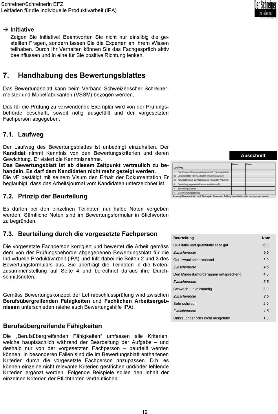Handhabung des Bewertungsblattes Das Bewertungsblatt kann beim Verband Schweizerischer Schreinermeister und Möbelfabrikanten (VSSM) bezogen werden.