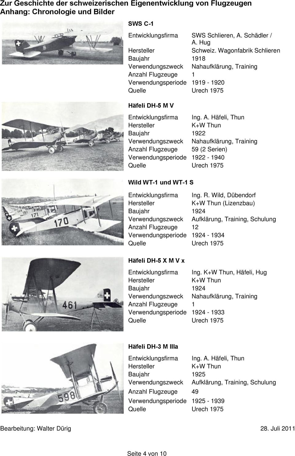 zahl Flugzeuge 1 Verwendungsperiode 1919-1920 Häfeli DH-5 M V Entwicklungsfirma Ing. A.