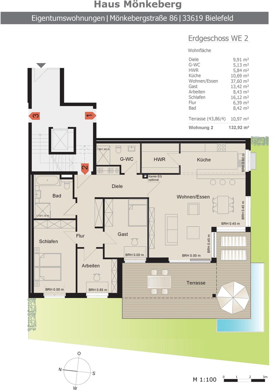 Wohnung 2 132,92 m² 1,00/1,40 m 2 G-WC HWR Küche BRH 0.