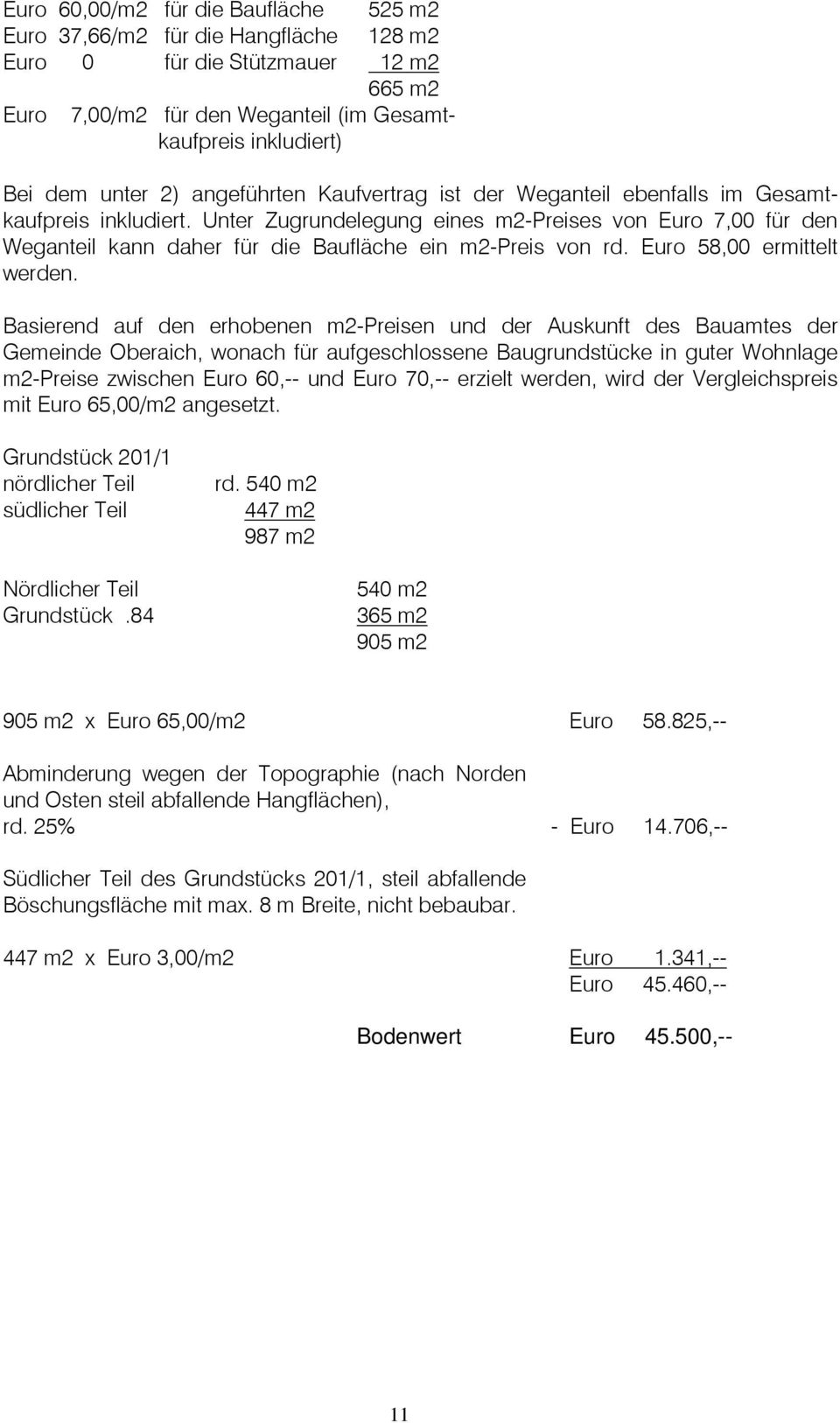 Unter Zugrundelegung eines m2-preises von Euro 7,00 für den Weganteil kann daher für die Baufläche ein m2-preis von rd. Euro 58,00 ermittelt werden.