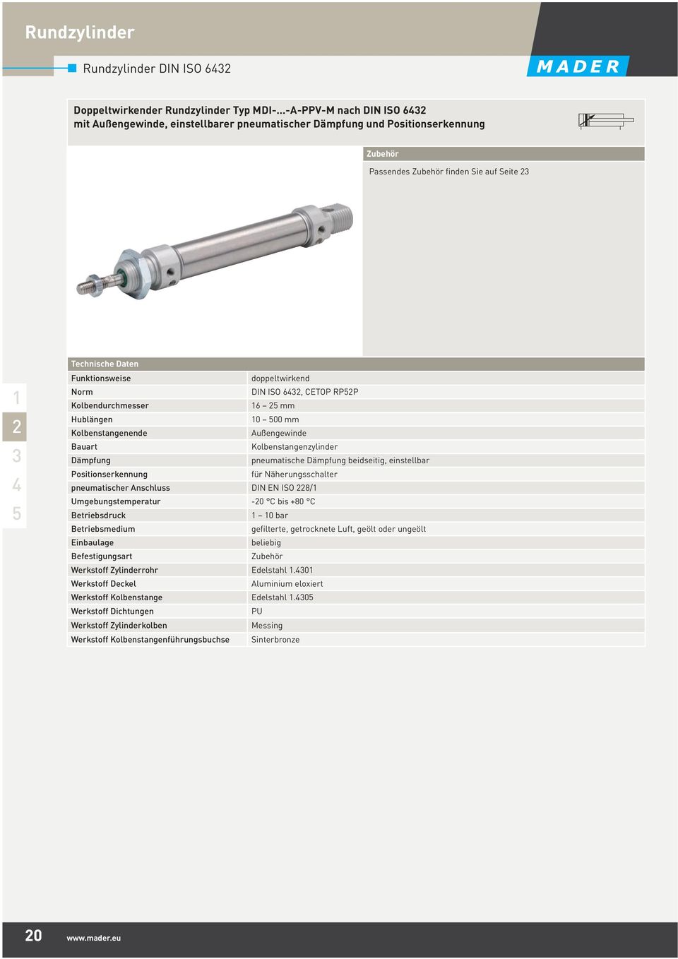 Norm DIN ISO 6, CETOP RPP Kolbendurchmesser 6 mm Hublängen 0 00 mm Kolbenstangenende Außengewinde Bauart Kolbenstangenzylinder Dämpfung pneumatische Dämpfung beidseitig, einstellbar