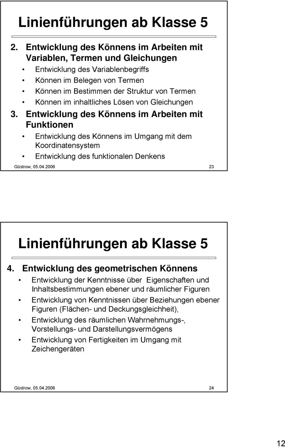 inhaltliches Lösen von Gleichungen 3. Entwicklung des Könnens im Arbeiten mit Funktionen Entwicklung des Könnens im Umgang mit dem Koordinatensystem Entwicklung des funktionalen Denkens Güstrow, 05.