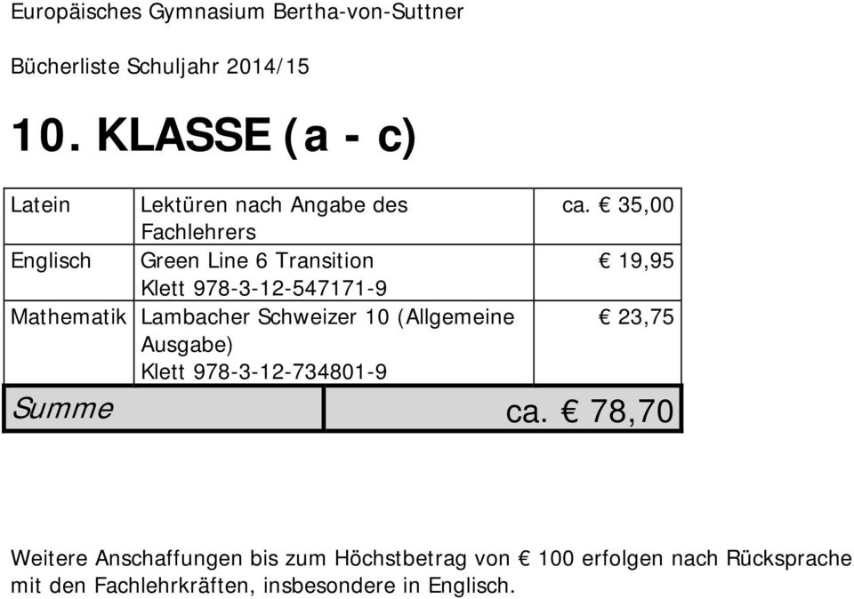Lambacher Schweizer 10 (Allgemeine Klett 978-3-12-734801-9 ca.