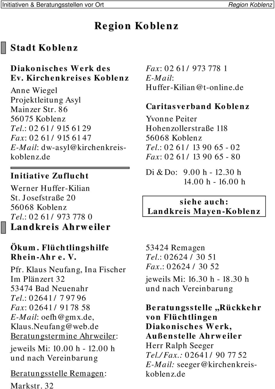 Flüchtlingshilfe Rhein-Ahr e. V. Pfr. Klaus Neufang, Ina Fischer Im Plänzert 32 53474 Bad Neuenahr Tel.: 02641 / 7 97 96 Fax: 02641 / 91 78 58 oefh@gmx.de, Klaus.Neufang@web.