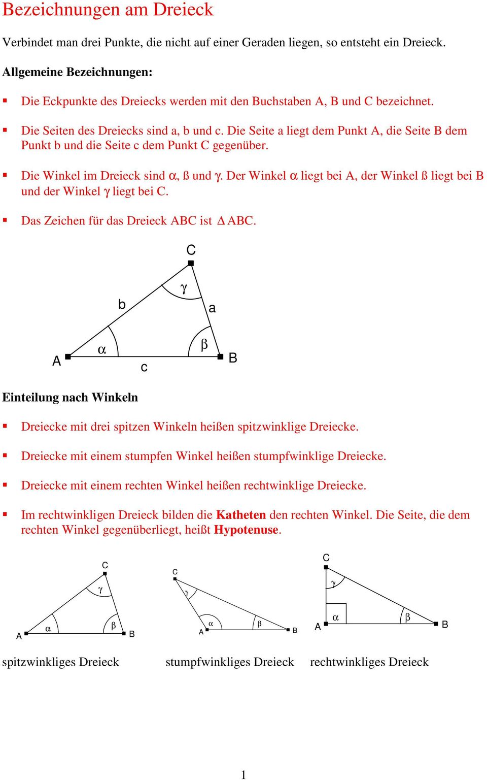 Die Seite a liegt dem Punkt, die Seite dem Punkt b und die Seite c dem Punkt gegenüber. Die Winkel im Dreieck sind α, ß und γ.