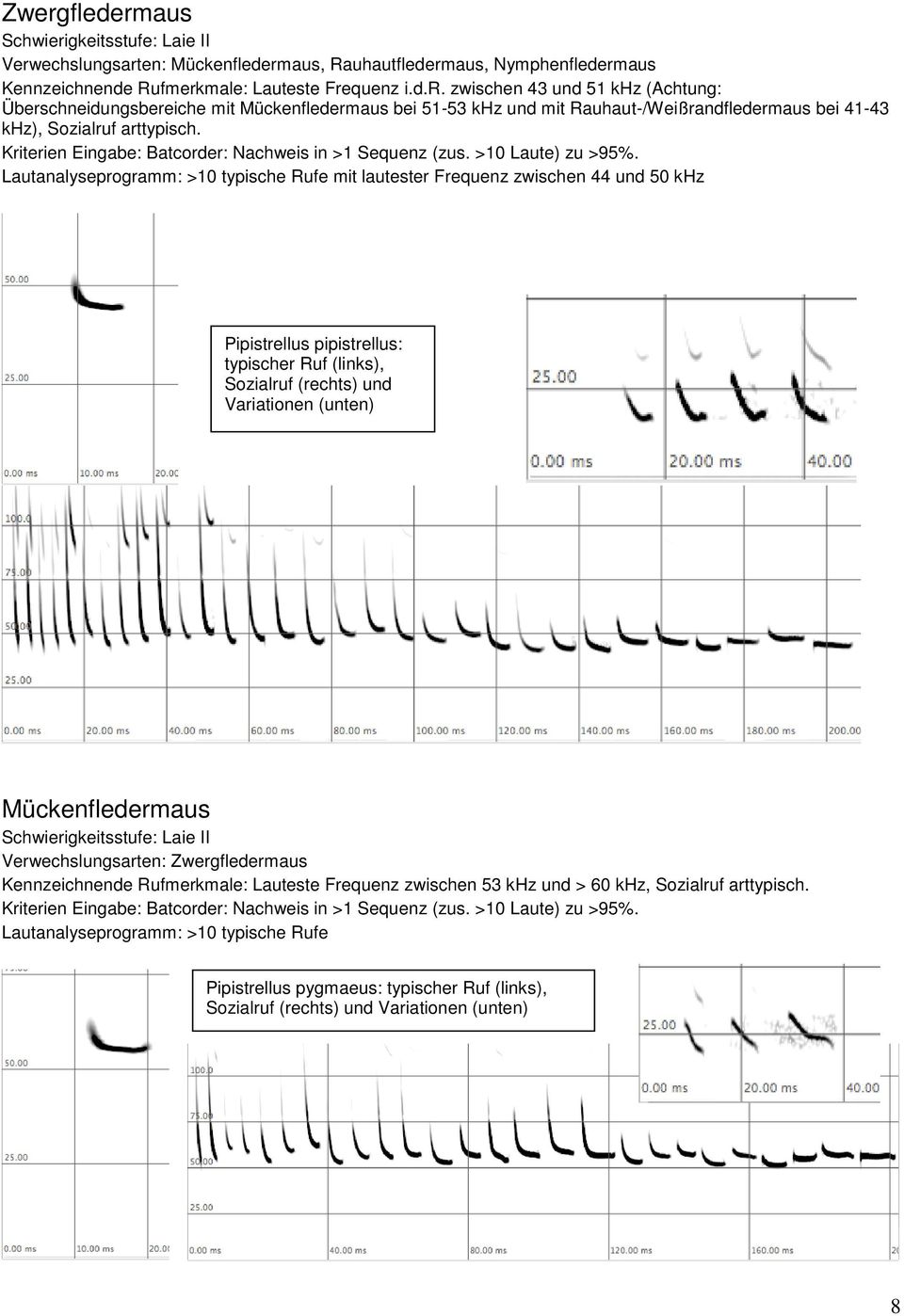 Lautanalyseprogramm: >10 typische Rufe mit lautester Frequenz zwischen 44 und 50 khz Pipistrellus pipistrellus: typischer Ruf (links), Sozialruf (rechts) und Variationen (unten) Mückenfledermaus