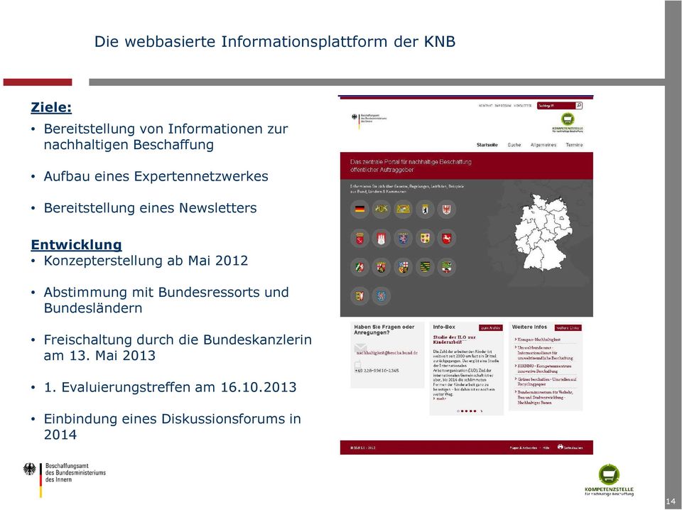 Konzepterstellung ab Mai 2012 Abstimmung mit Bundesressorts und Bundesländern Freischaltung durch die