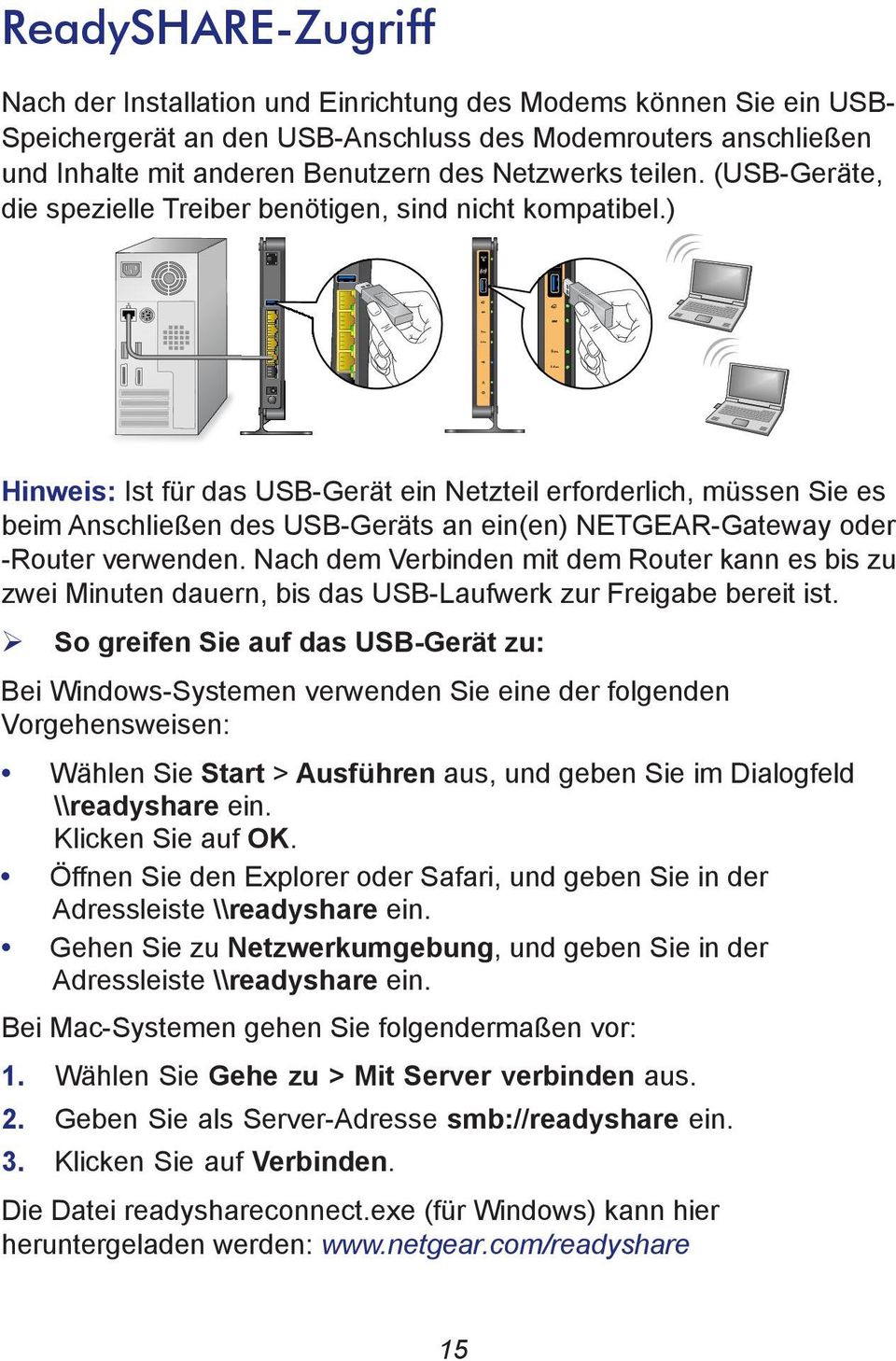 ) Hinweis: Ist für das USB-Gerät ein Netzteil erforderlich, müssen Sie es beim Anschließen des USB-Geräts an ein(en) NETGEAR-Gateway oder -Router verwenden.