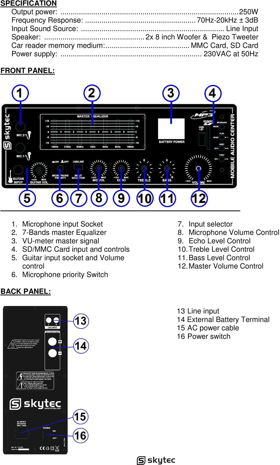 7-Bands master Equalizer 3. VU-meter master signal 4. SD/MMC Card input and controls 5. Guitar input socket and Volume control 6. Microphone priority Switch 7.
