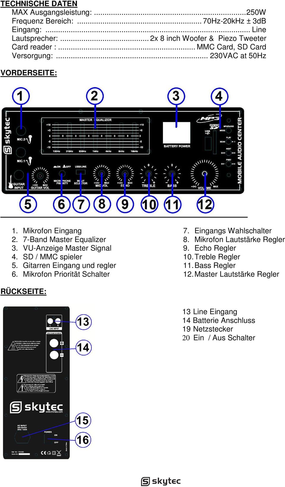 7-Band Master Equalizer 3. VU-Anzeige Master Signal 4. SD / MMC spieler 5. Gitarren Eingang und regler 6. Mikrofon Priorität Schalter 7.
