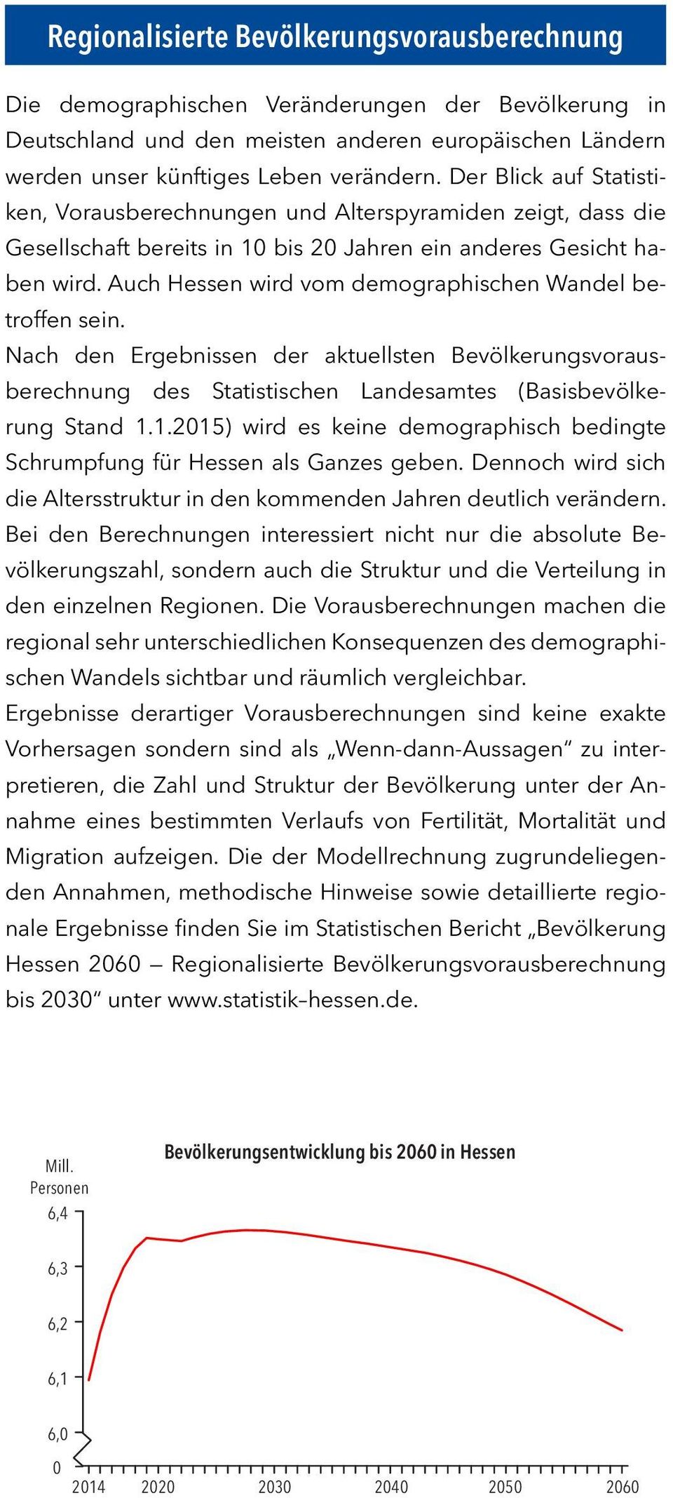 Auch Hessen wird vom demographischen Wandel betroffen sein. Nach den Ergebnissen der aktuellsten Bevölkerungsvorausberechnung des Statistischen Landesamtes (Basisbevölkerung Stand 1.