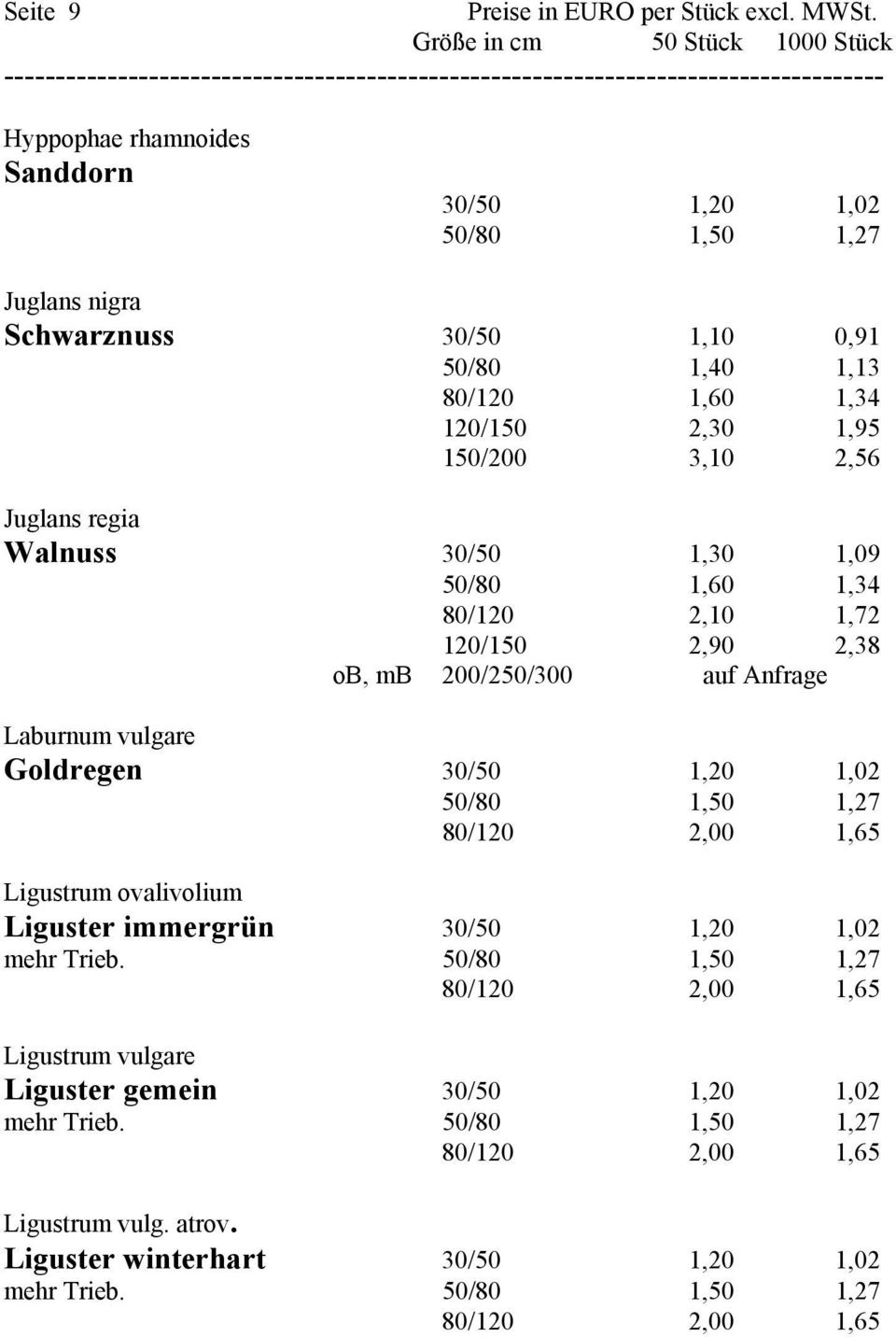 Laburnum vulgare Goldregen 30/50 1,20 1,02 50/80 1,50 1,27 Ligustrum ovalivolium Liguster immergrün 30/50 1,20 1,02 mehr Trieb.