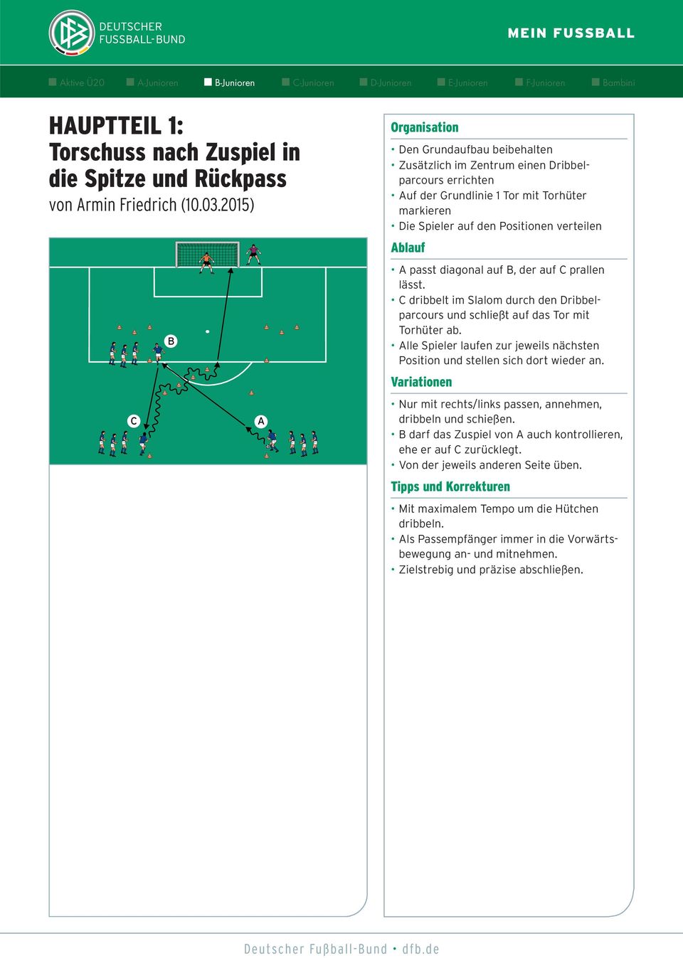 lle Spieler laufen zur jeweils nächsten Position und stellen sich dort wieder an. Nur mit rechts/links passen, annehmen, dribbeln und schießen.