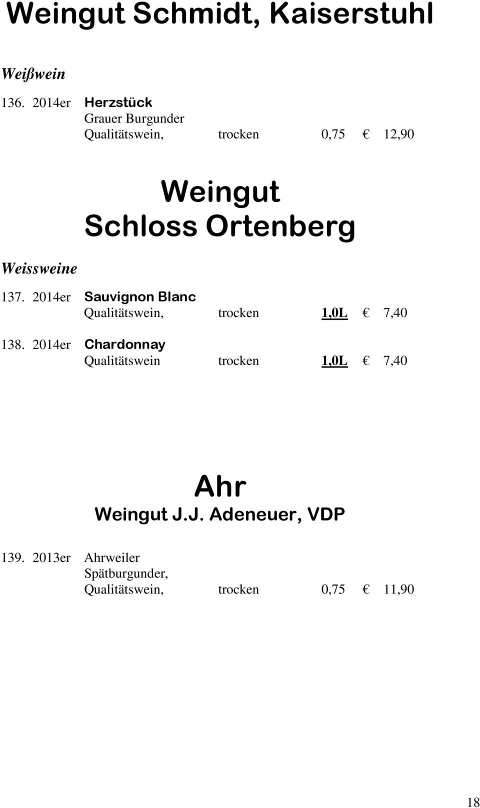 Schloss Ortenberg 137. 2014er Sauvignon Blanc Qualitätswein, trocken 1,0L 7,40 138.
