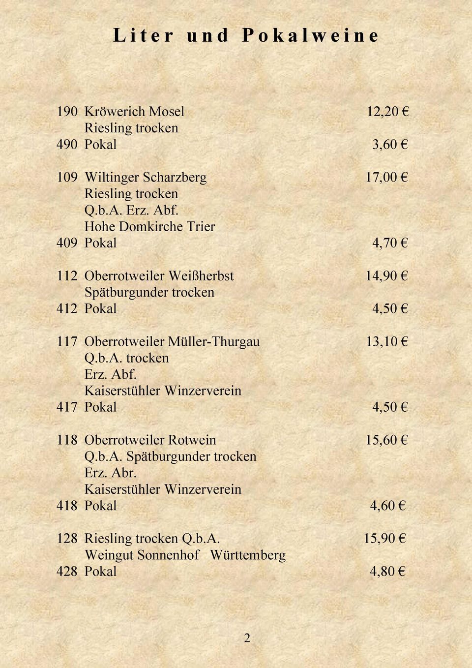 Müller-Thurgau 13,10 Q.b.A. trocken Erz. Abf. Kaiserstühler Winzerverein 417 Pokal 4,50 118 Oberrotweiler Rotwein 15,60 Q.b.A. Spätburgunder trocken Erz.