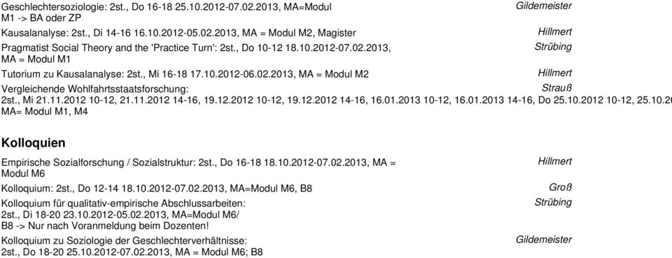 , Do 10-12 18.10.2012-07.02.2013, MA = Modul M1 Tutorium zu Kausalanalyse: 2st., Mi 16-18 17.10.2012-06.02.2013, MA = Modul M2 Kolloquien Kolloquium: 2st.