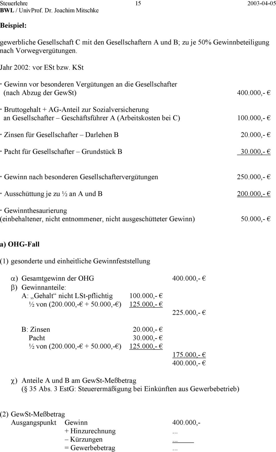 000,- Bruttogehalt + AG-Anteil zur Sozialversicherung an Gesellschafter Geschäftsführer A (Arbeitskosten bei C) 100.000,- Zinsen für Gesellschafter Darlehen B 20.