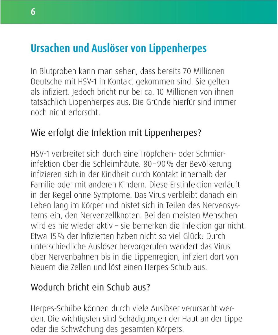 HSV-1 verbreitet sich durch eine Tröpfchen- oder Schmierinfektion über die Schleimhäute.