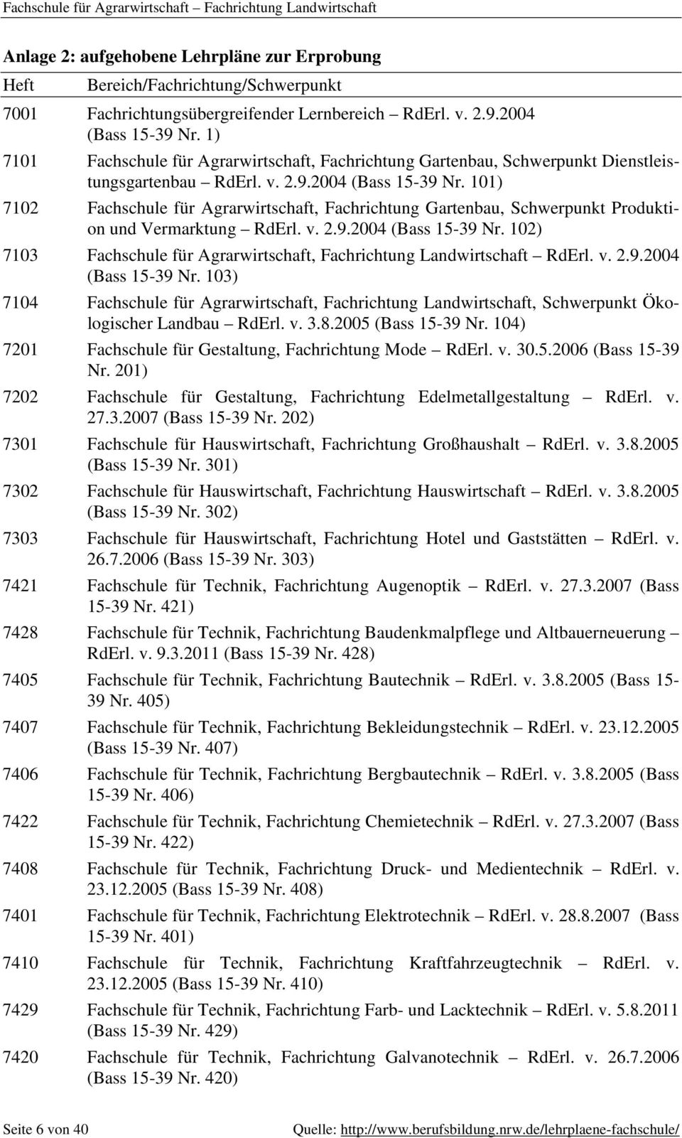 101) 7102 Fachschule für Agrarwirtschaft, Fachrichtung Gartenbau, Schwerpunkt Produktion und Vermarktung RdErl. v. 2.9.2004 (Bass 15-39 Nr.