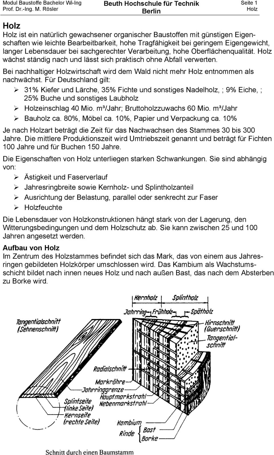 Für Deutschland gilt: 31% Kiefer und Lärche, 35% Fichte und sonstiges Nadelholz, ; 9% Eiche, ; 25% Buche und sonstiges Laubholz einschlag 40 Mio. m³/jahr; Bruttoholzzuwachs 60 Mio. m³/jahr Bauholz ca.