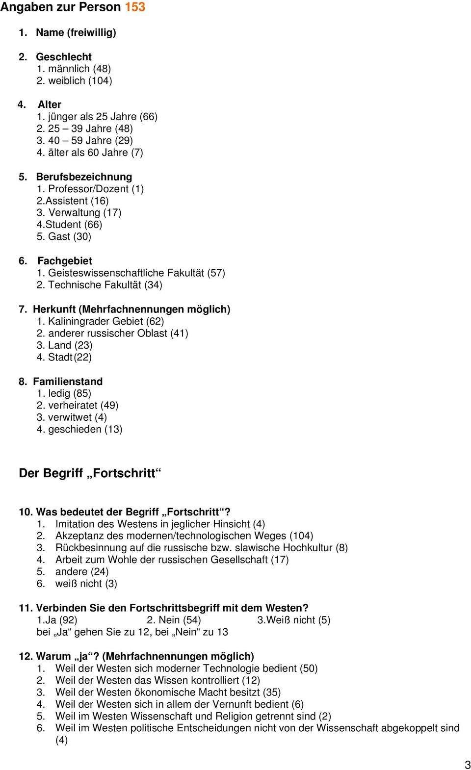 Herkunft (Mehrfachnennungen möglich) 1. Kaliningrader Gebiet (62) 2. anderer russischer Oblast (41) 3. Land (23) 4. Stadt (22) 8. Familienstand 1. ledig (85) 2. verheiratet (49) 3. verwitwet (4) 4.