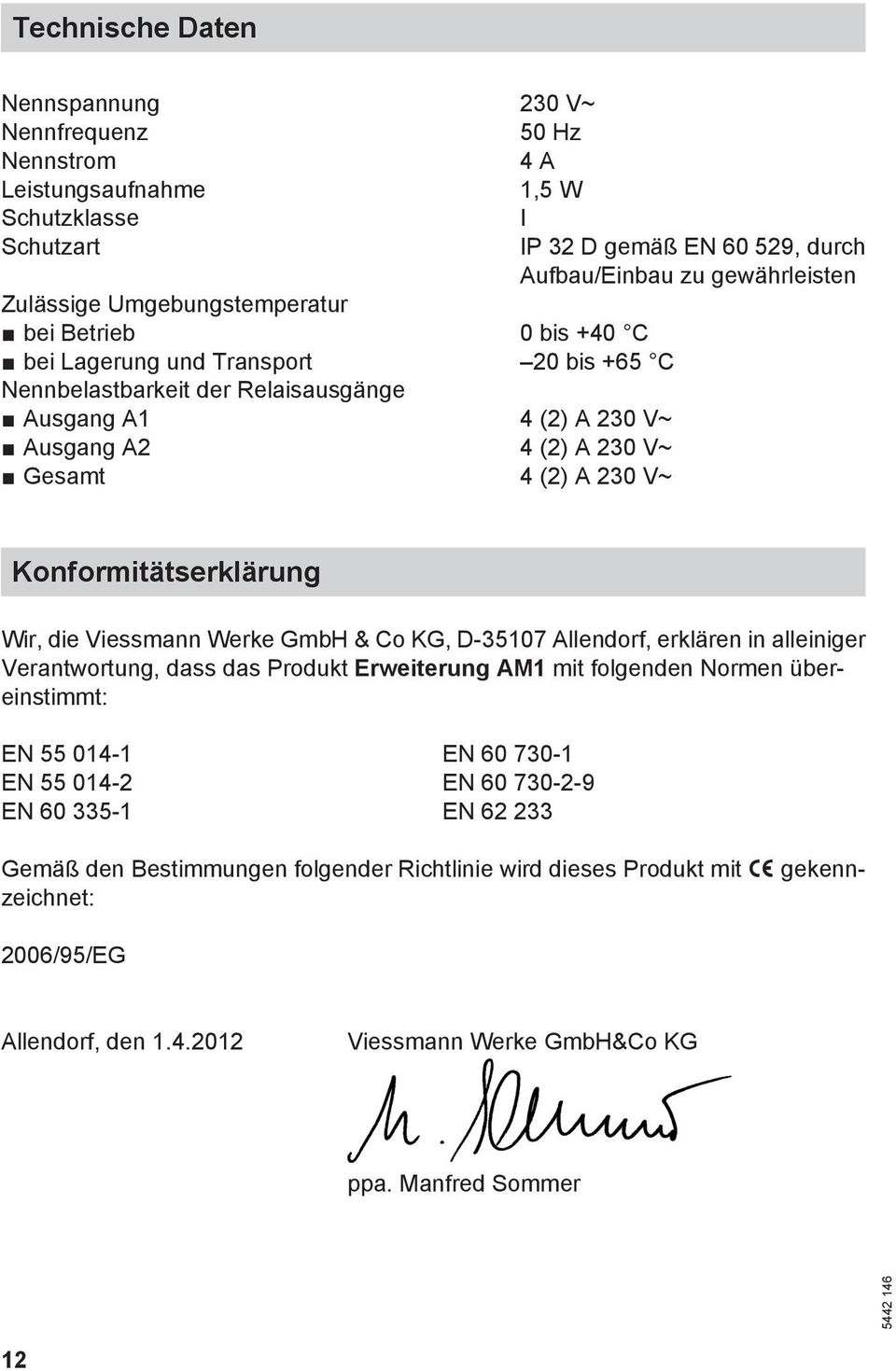 Konformitätserklärung Wir, die Viessmann Werke GmbH & Co KG, D-35107 Allendorf, erklären in alleiniger Verantwortung, dass das Produkt Erweiterung AM1 mit folgenden Normen übereinstimmt: EN 55 014-1