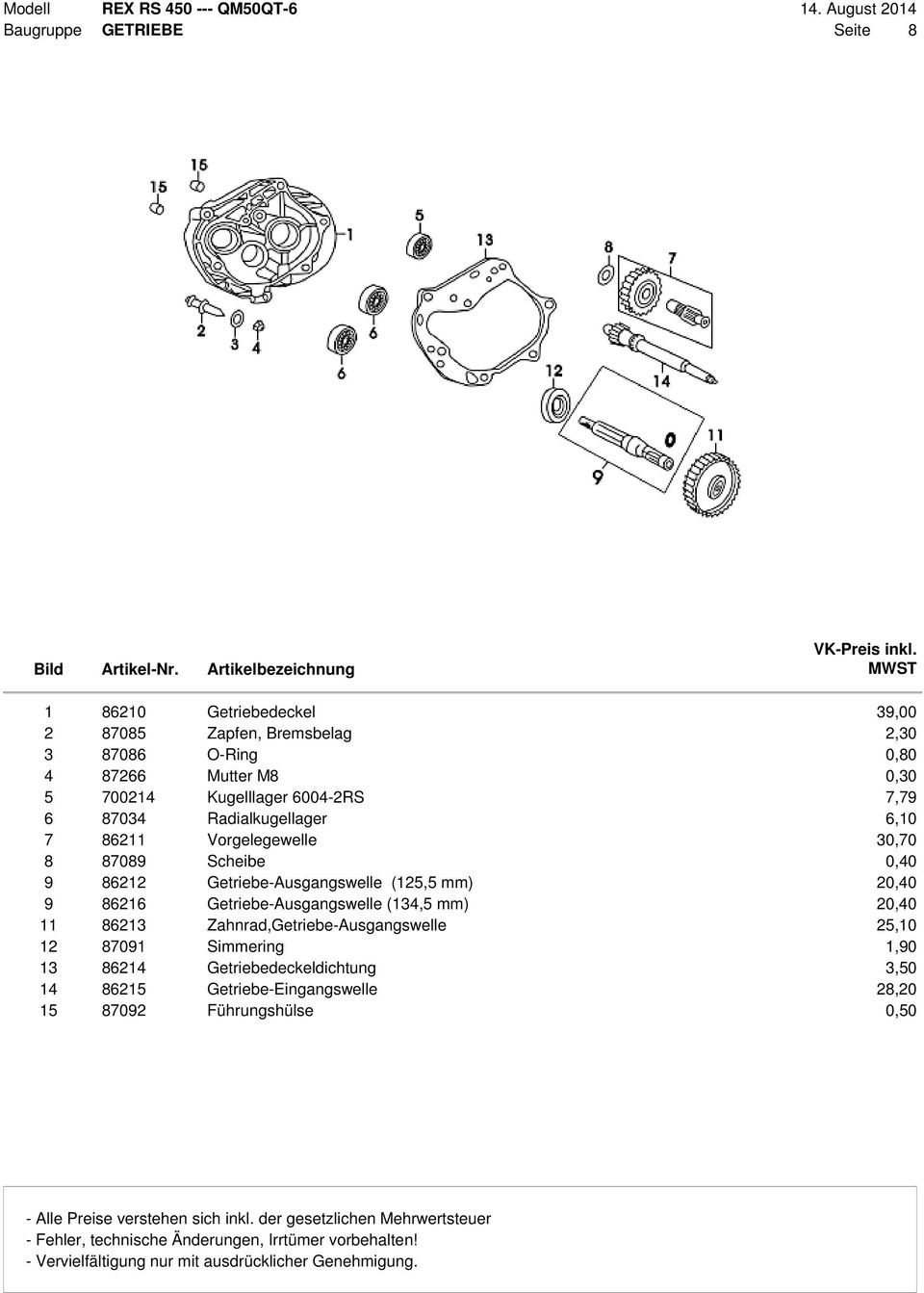 Getriebe-Ausgangswelle (125,5 mm) 20,40 9 86216 Getriebe-Ausgangswelle (134,5 mm) 20,40 11 86213