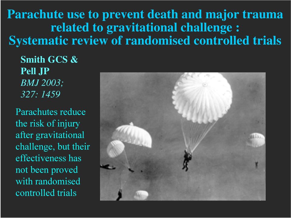 JP BMJ 2003; 327: 1459 Parachutes reduce the risk of injury after gravitational