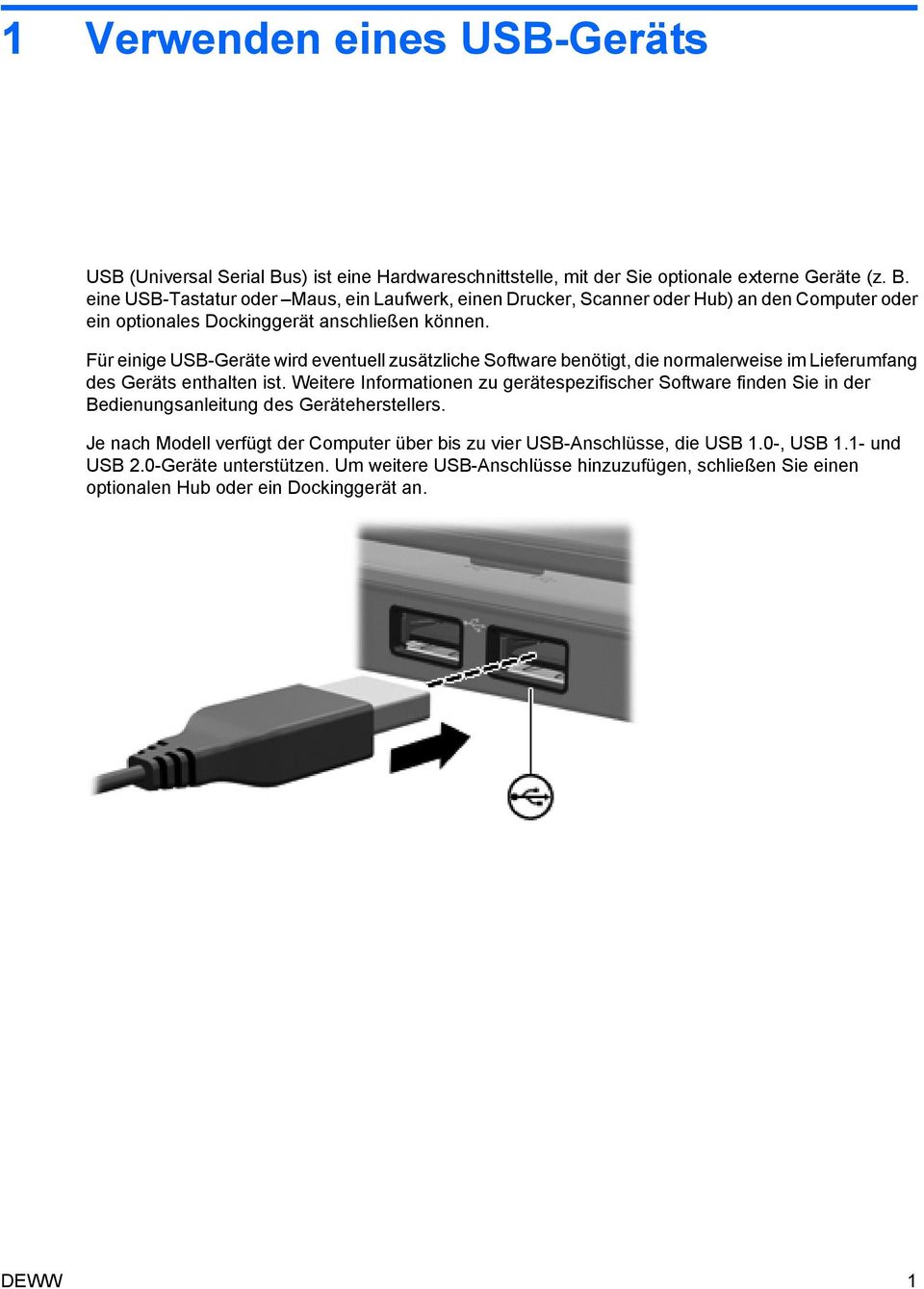 eine USB-Tastatur oder Maus, ein Laufwerk, einen Drucker, Scanner oder Hub) an den Computer oder ein optionales Dockinggerät anschließen können.