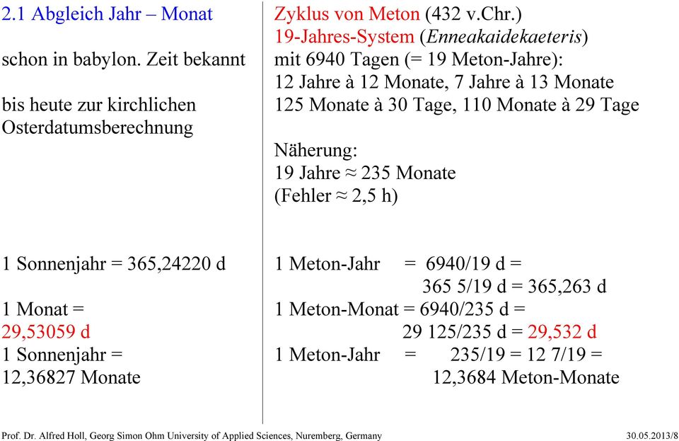 Näherung: 19 Jahre 235 Monate (Fehler 2,5 h) 1 Sonnenjahr = 365,24220 d 1 Monat = 29,53059 d 1 Sonnenjahr = 12,36827 Monate 1 Meton-Jahr = 6940/19 d = 365 5/19 d =