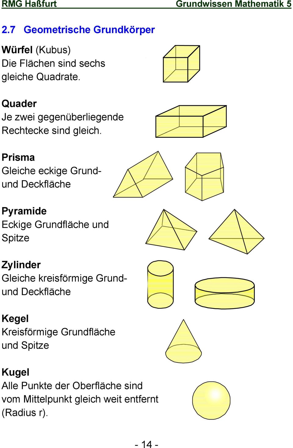 Prisma Gleiche eckige Grundund Deckfläche Pyramide Eckige Grundfläche und Spitze Zylinder Gleiche