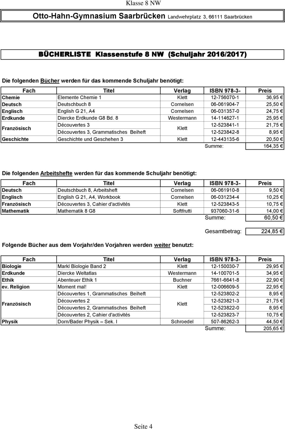 8 Westermann 14-114627-1 25,95 Découvertes 3 12-523841-1 21,75 Geschichte Geschichte und Geschehen 3 12-443135-6 20,50 Summe: 164,35 Deutsch Deutschbuch 8, Arbeitsheft 06-061910-8 9,50 Englisch