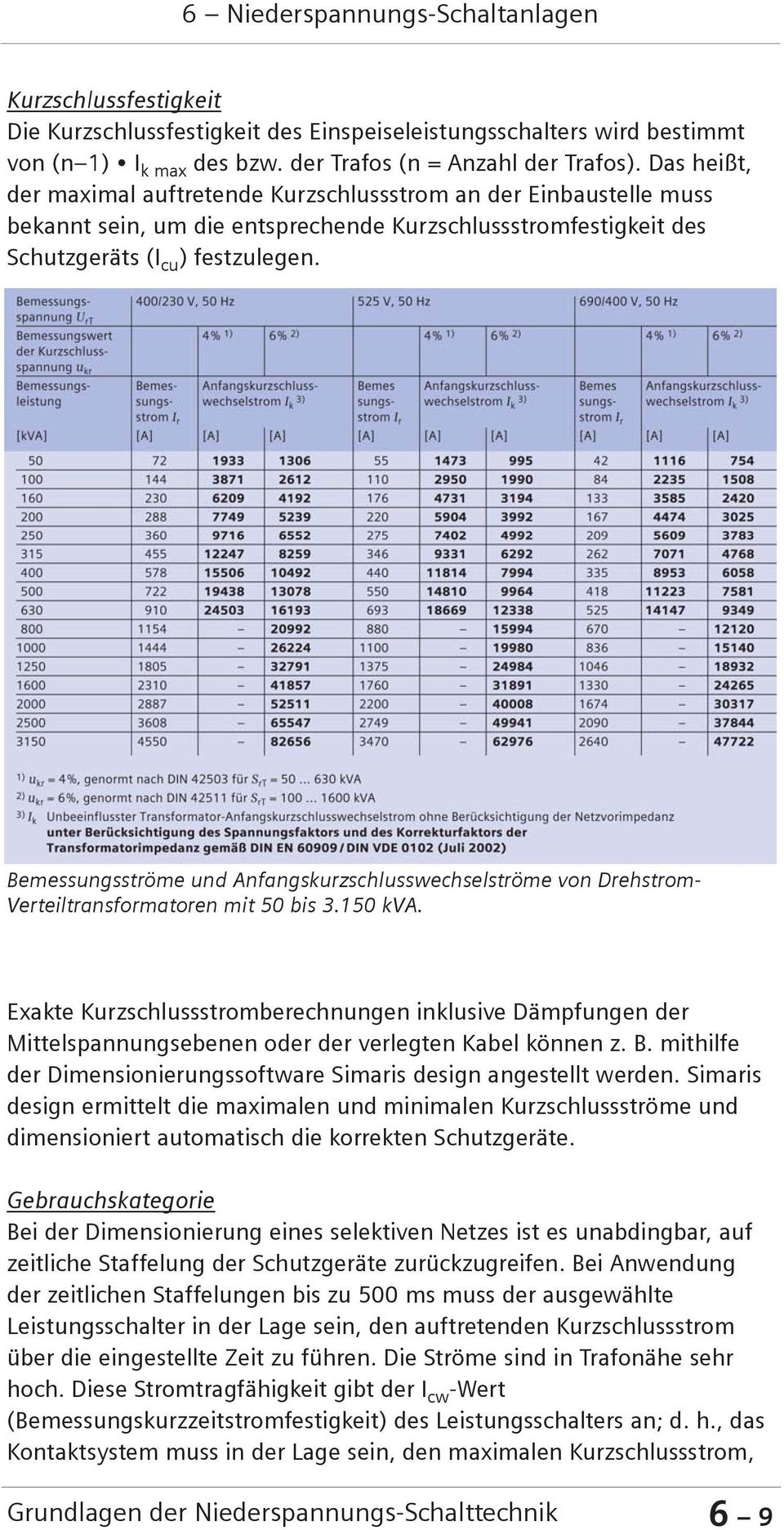 Bemessungsströme und Anfangskurzschlusswechselströme von Drehstrom- Verteiltransformatoren mit 50 bis 3.150 kva.