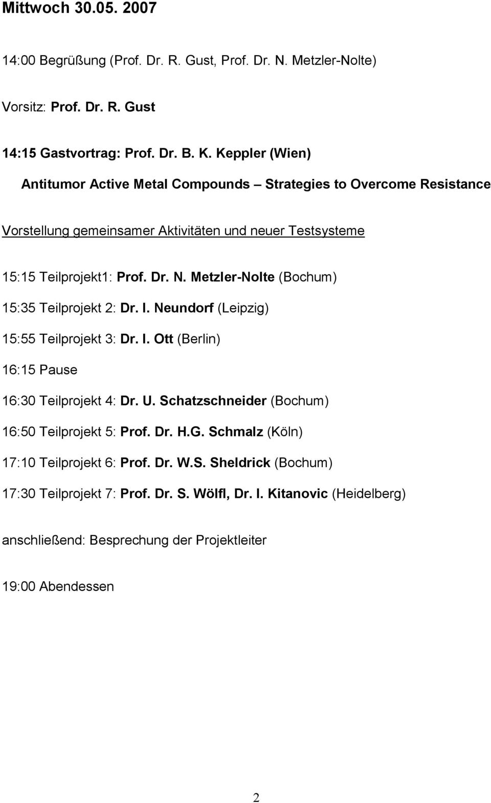 Metzler-Nolte 15:35 Teilprojekt 2: Dr. I. Neundorf (Leipzig) 15:55 Teilprojekt 3: Dr. I. Ott (Berlin) 16:15 Pause 16:30 Teilprojekt 4: Dr. U.