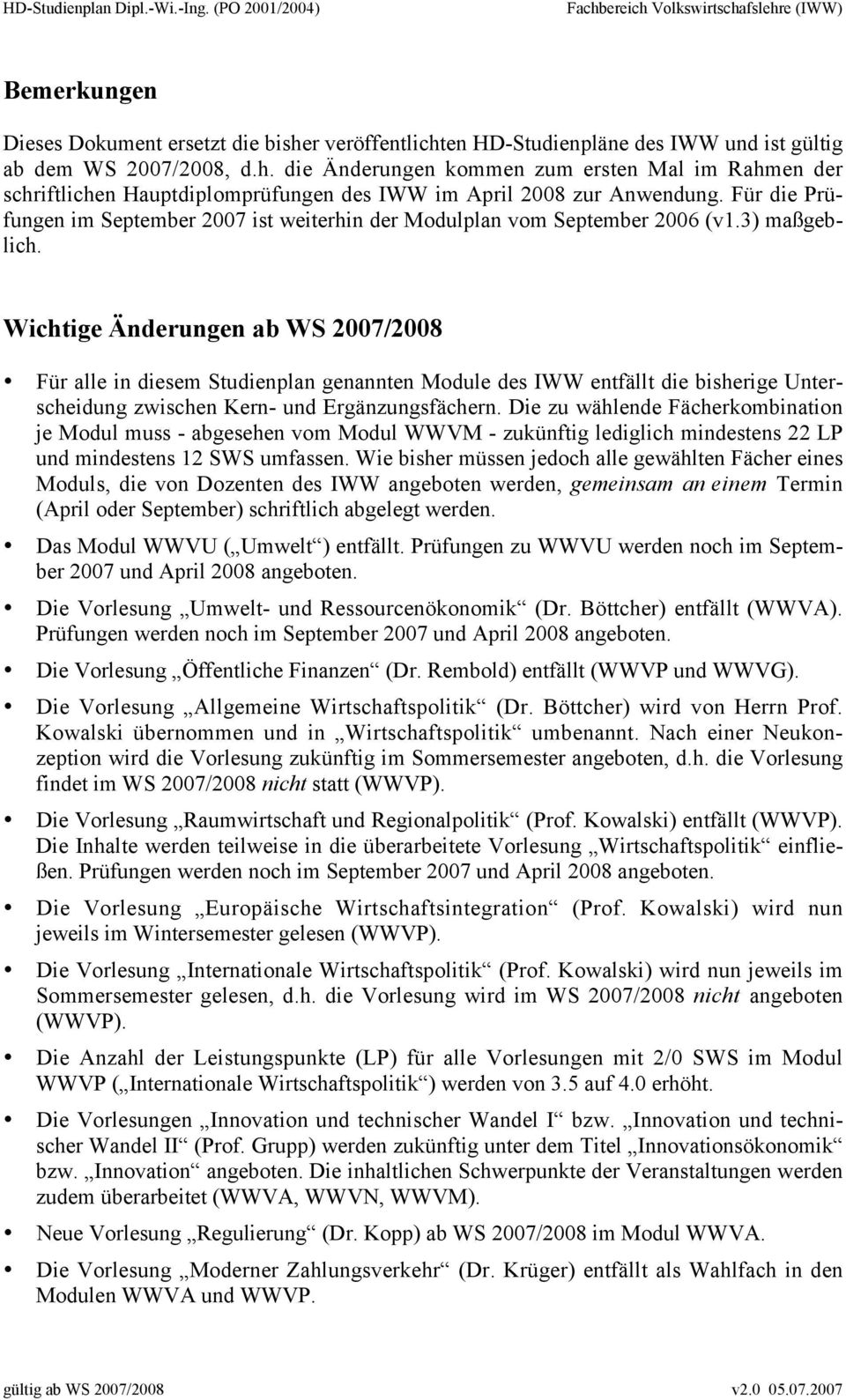 Wichtige Änderungen ab WS 2007/2008 Für alle in diesem Studienplan genannten Module des IWW entfällt die bisherige Unterscheidung zwischen Kern- und Ergänzungsfächern.