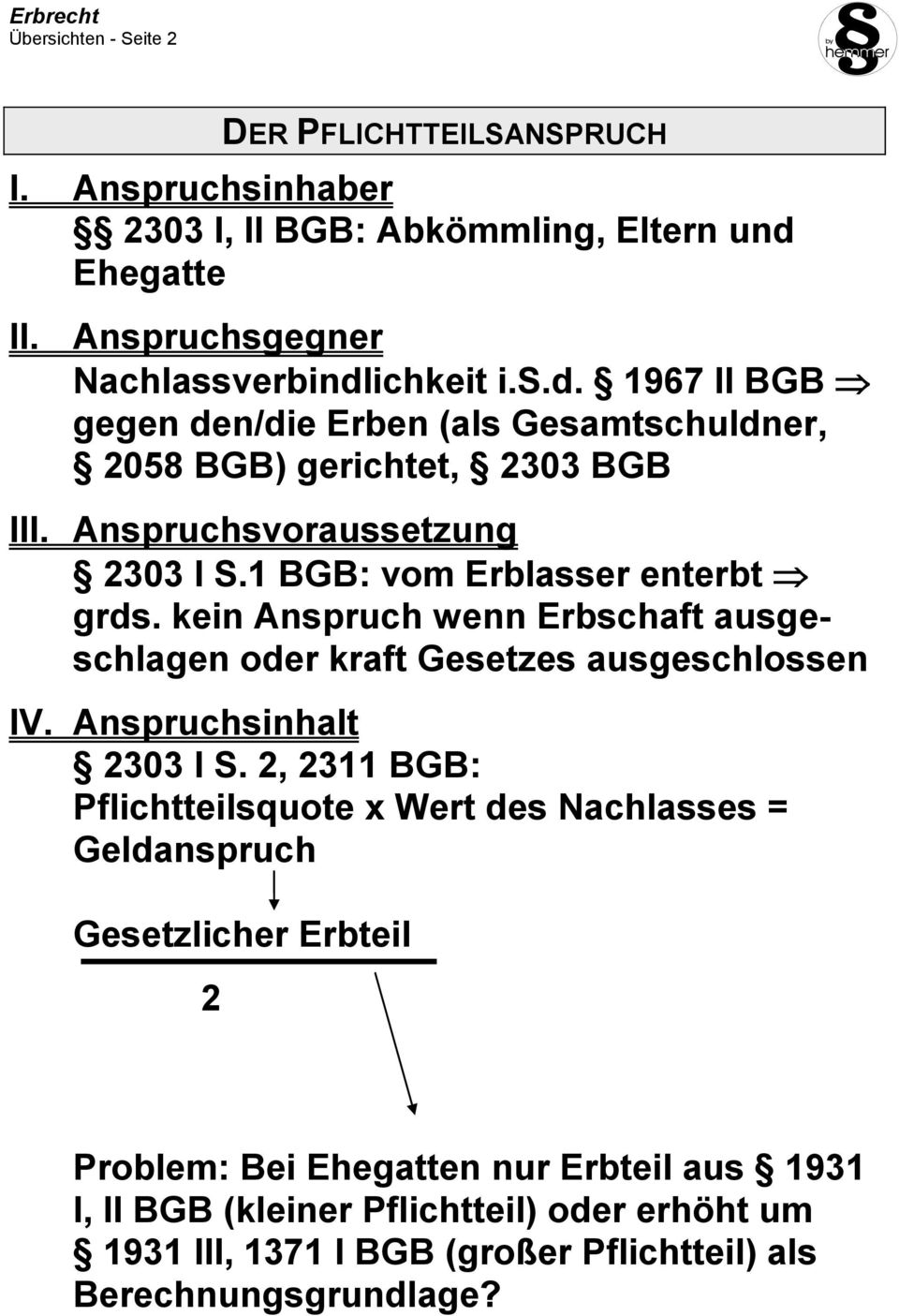 Anspruchsvoraussetzung 2303 I S.1 BGB: vom Erblasser enterbt grds. kein Anspruch wenn Erbschaft ausgeschlagen oder kraft Gesetzes ausgeschlossen IV.