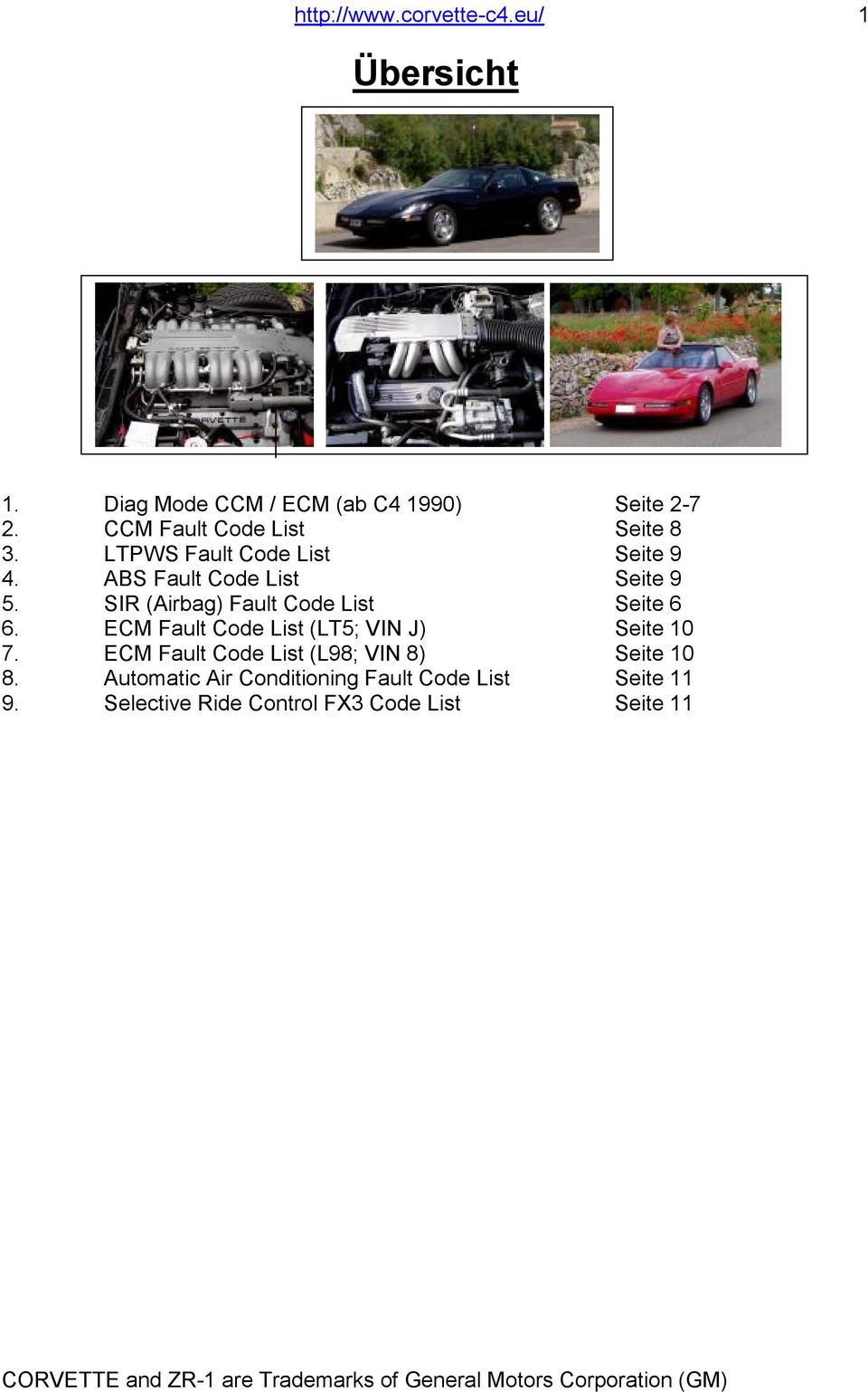 SIR (Airbag) Fault Code List Seite 6 6. ECM Fault Code List (LT5; VIN J) Seite 10 7.